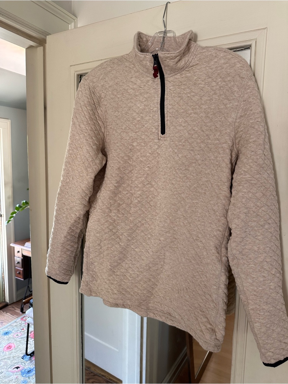 J. Crew Factory Beige Quilted Half-Zip Sweater with Black Trim